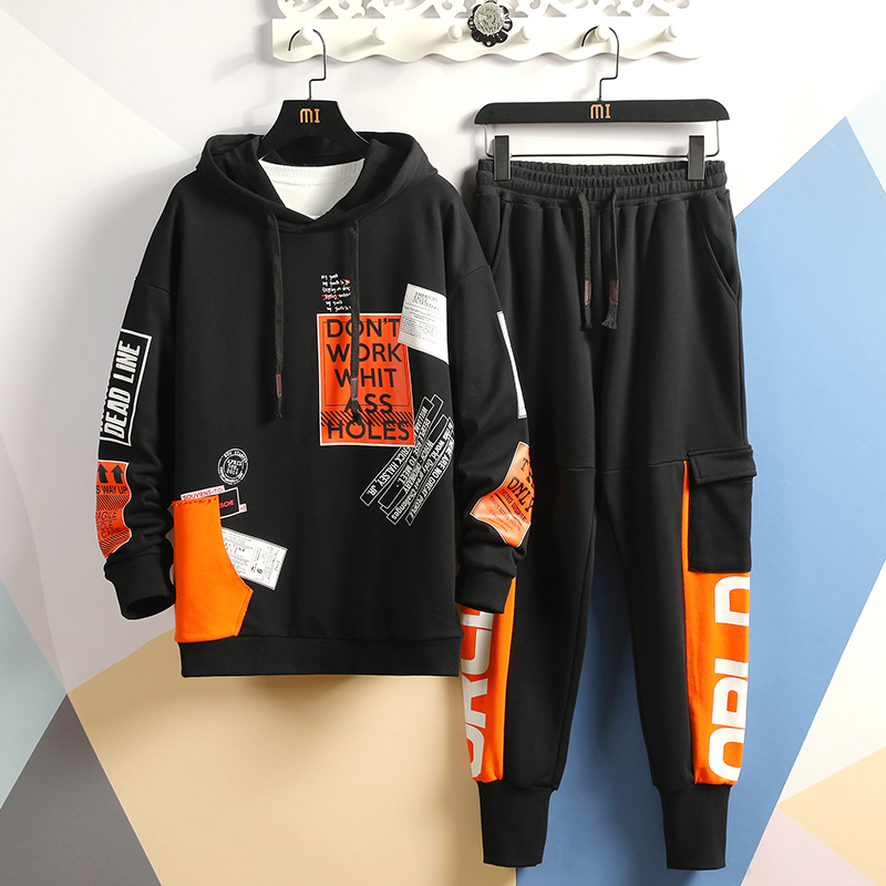 

2021 New Sweatsuit Spring Autumn Long Sleeve Letter Printed Hooded Hoodies+pant Hip Hop Streetwear Track Suit Men Clothes 3jcd, Black
