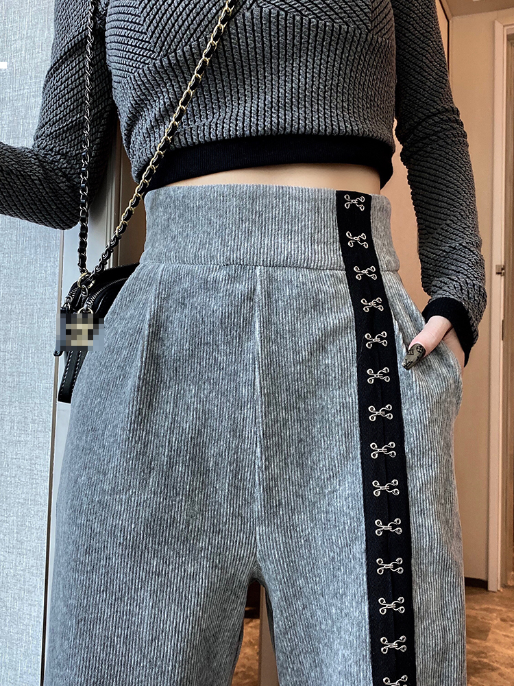 

Gross 2021 New in a Straight Line Women' Broad-legged Pants Autumn and Winter Gray Striped Down Sports Sweatpants Snn7 R8B3, Grey