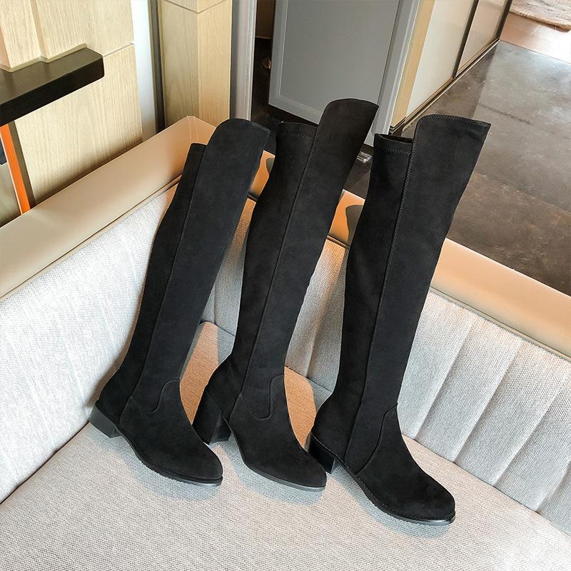 

over knee boots autumn and winter new style black skinny high length thin elastic boots women's thick heel1, See chart