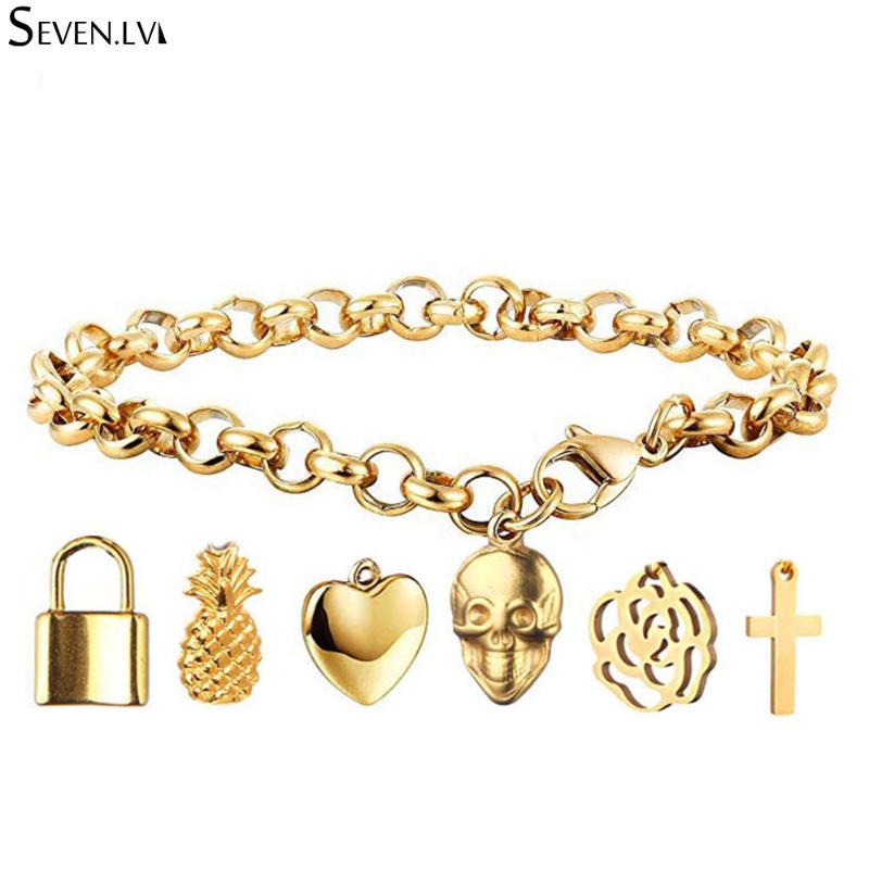 

Charm Bracelets Creative Cross Lock Skull Pendant Bracelet Gold Stainless Steel O Chain Jewelry Gift Wholesale For Women Men