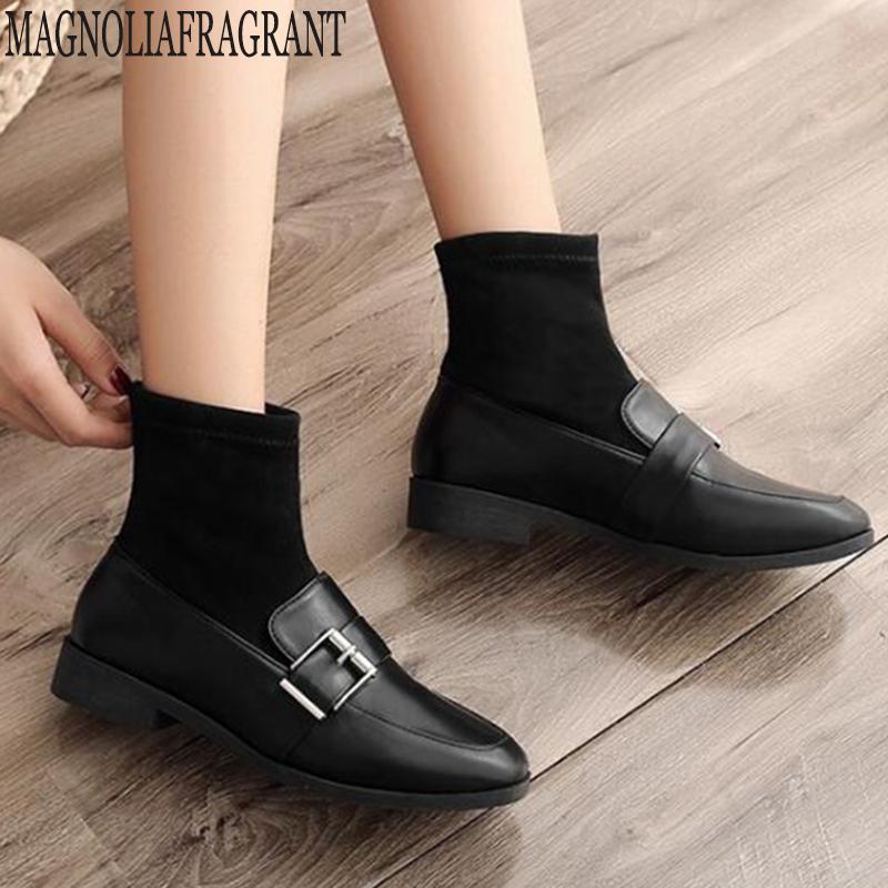 

women ankle boots belt buckle strap round toe winter short plush low heels boots women socks women's flat shoes y205, Black