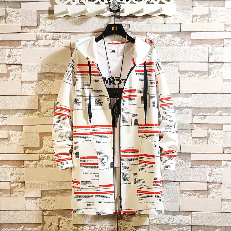 

Spring Autumn Men Pattern Printed Loose Trench Jacket Zipper Long Sleeve Hoodie Windbreaker Jackets Male Casual Outwear Coats, Black