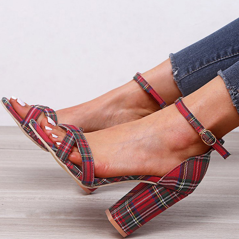 

2021 New Women Buckle Ankle Strap Sandals Summer Ladies Square High Heel Gingham Pumps Woman Open Toe Shoes Elegant Fashion Ogtn, Red
