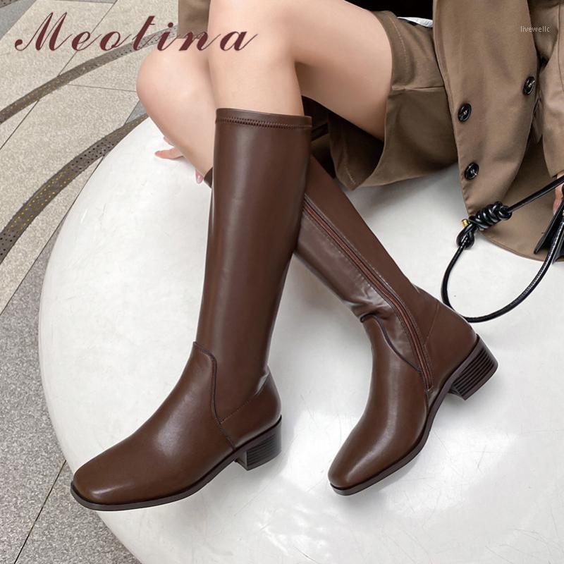 

Meotina Long Boots Women Shoes Genuine Leather Chunky Heels Knee High Boots Square Toe Zipper Mid Heel Ladies Brown Black1, Black synthetic lin