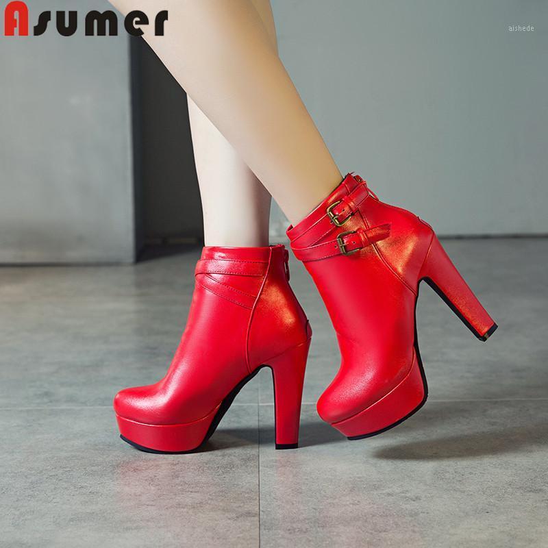 

ASUMER 2020 new ankle boots for women round toe zip high heels shoes platform female shoes buckle autumn winter boots women1, White
