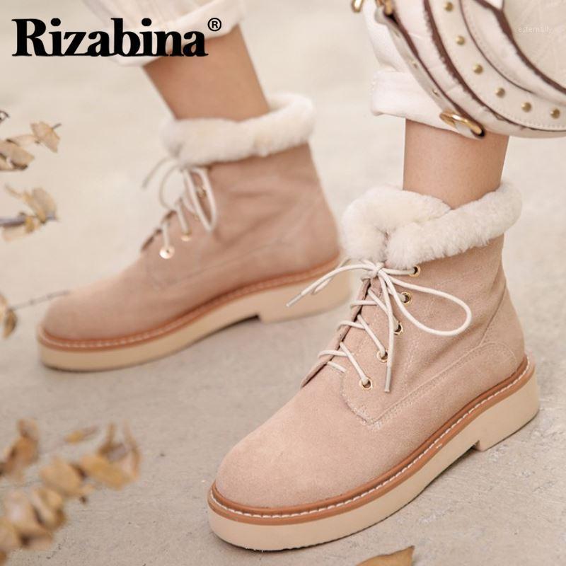 

Rizabina Real Leather Women Snow Boots Plush Fur Warm Flats Winter Shoes Woman Cross Strap Fashion Platform Footwear Size 34-391, Black