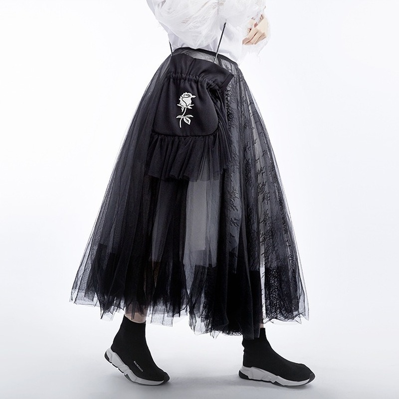 

New Woman Maxi Long Knit Skirt Aline Lace Five Layers of Shredded Skirts Young Girl Street Dress Fancy Tulle Party Clothes Wld2, Black