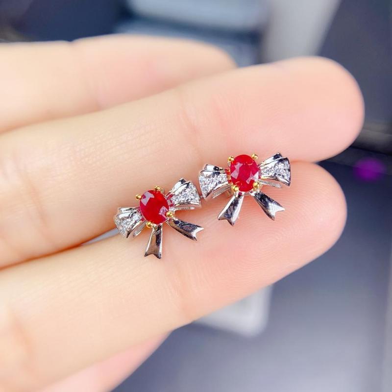 

shilovem Natural New Burning Pigeon Blood Ruby Gemstone earrings for Women 925 Sterling Silver gift wedding 3*4mm jce03048214agh