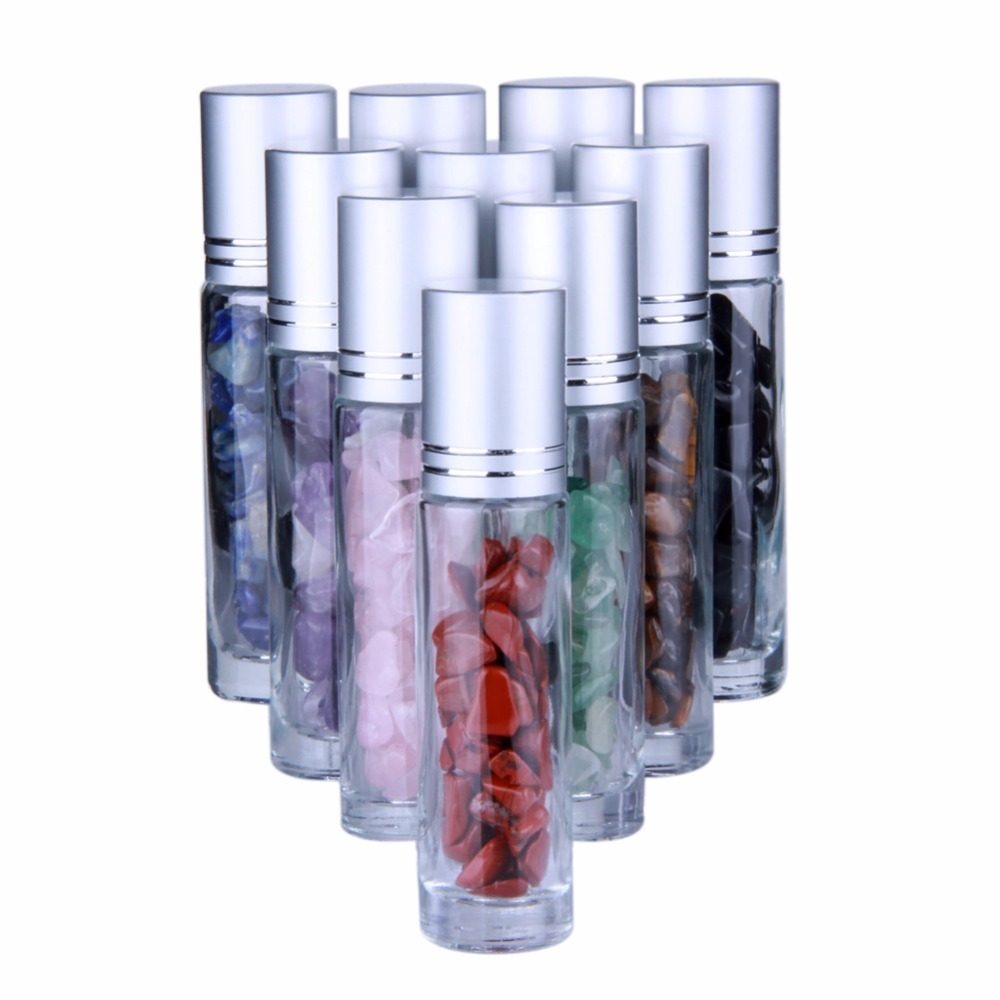 

10pcs Natural Semiprecious Stones Essential Oil Gemstone Roller Ball Bottles Transparent Glass 10ml Healing Crystal Chips Inside 201201