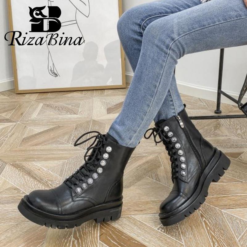 

RIZABINA Women Ankle Boots Real Leather Rivets Thick Bottom Women Winter Autumn Shoes Fashion Cool Short Boots Size 34-421, Black