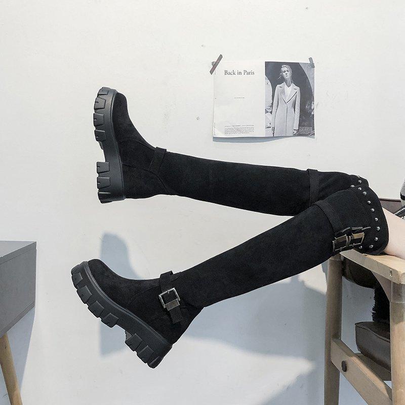 

Women High Boots Thigh 2020 Winter Fashion Platform Sock Boots Women Shoes Warm Fur High Heeled Knee, Black leather