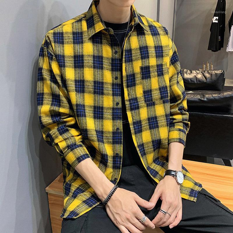 

2019 Spring And Autumn Youth Boys Plaid Jacket Men's Long Sleeve New Fashion Casual Student Shirt Yellow / Khaki -5XL1