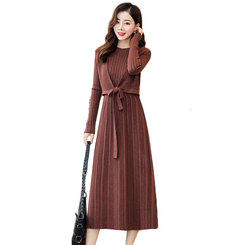 

2021 New Women Knitted Sweater Solid Female Long Sleeve Autumn Winter Elegant Fake Two Pieces Party Es Vestidos 20 Jink, Red