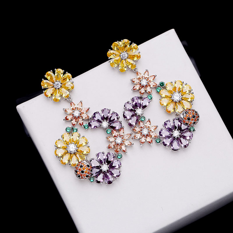 Marque coréenne luxe couleur zircon fleur s925 argent aiguille boucles d'oreilles bijoux tempérament femmes haut de gamme zircon palais style bou