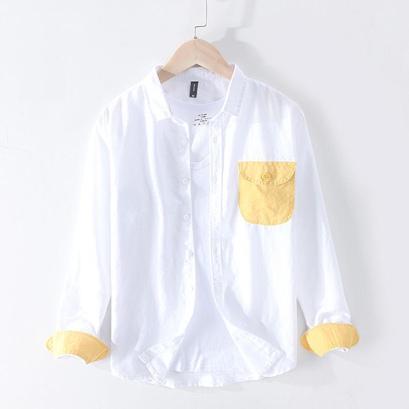

2020 Autumn New Patchwork Pocket Shirt Men Cotton Linen Causal Long Sleeve Shirts Plus Size High Quality Clothing, Blue