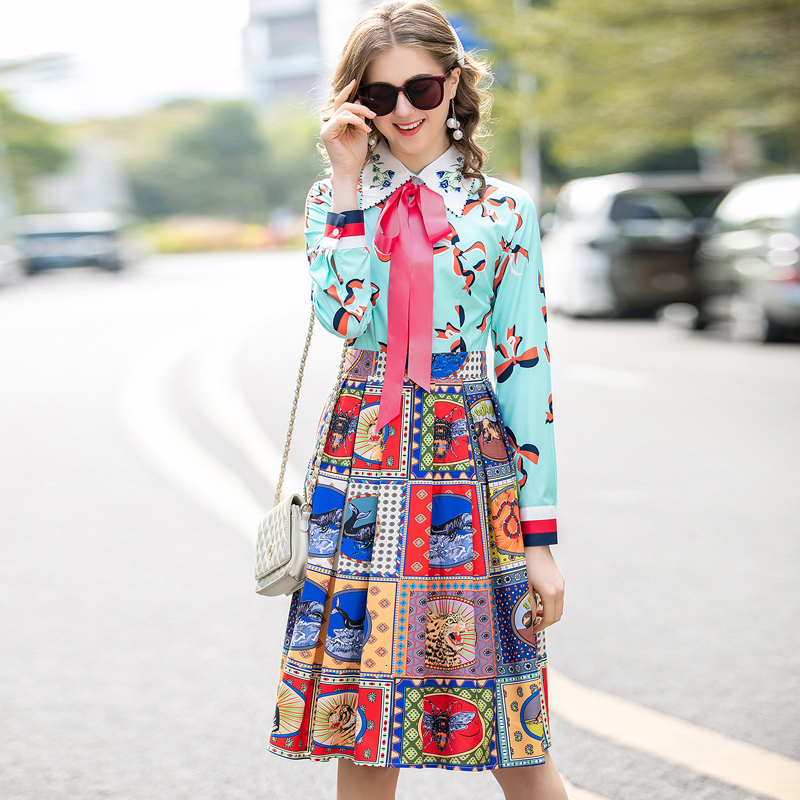 

Bohemia Printing Long Sleeve Single-breasted Banquet Plissated Shirt Dress Spring-summer 2021 New High Quality Women's Clothes Itxn, Multiple