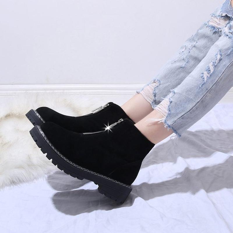 

AKEXIYA Boots Women 2020 New Thick-heeled British Velvet Front Zipper Breathable Warm Wear-resistant Women's Short Boots, Black suede