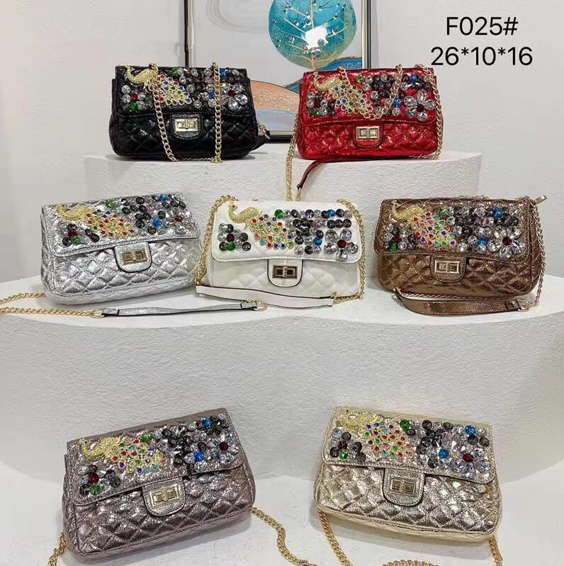 

Wholesale factory ladies shoulder bags high quality soft and comfortable leather handbag European fashion Peacock diamond chain bag sweet rhinestone handbags, Brown 025