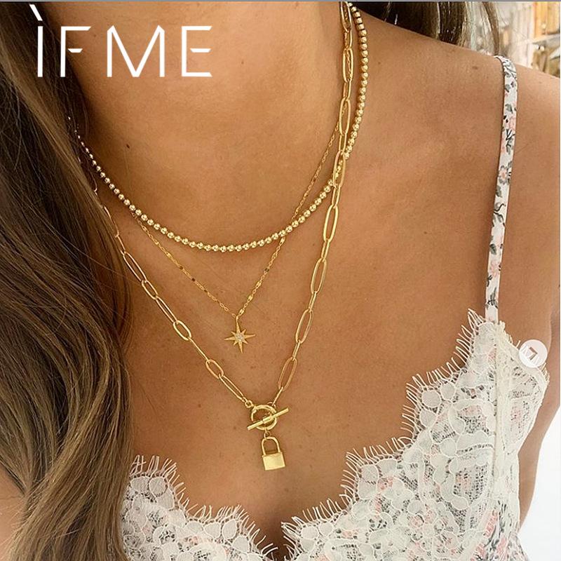 

IF ME New Bohemian Multilayers Beads Lock Star Necklaces Pendant for Women Fashion Gold Color Long Chain Necklace Female Jewelry