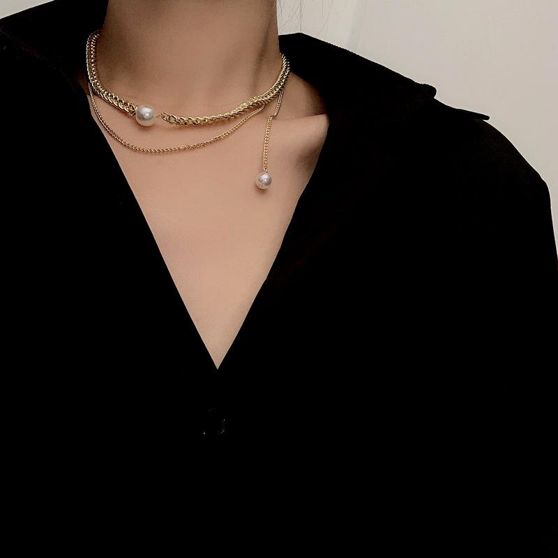 

TIMEONLY Temperament Multi Layered Simulation Pearls Choker Necklaces Hollow Chain Charms Necklace for Women Ladies Jewellery