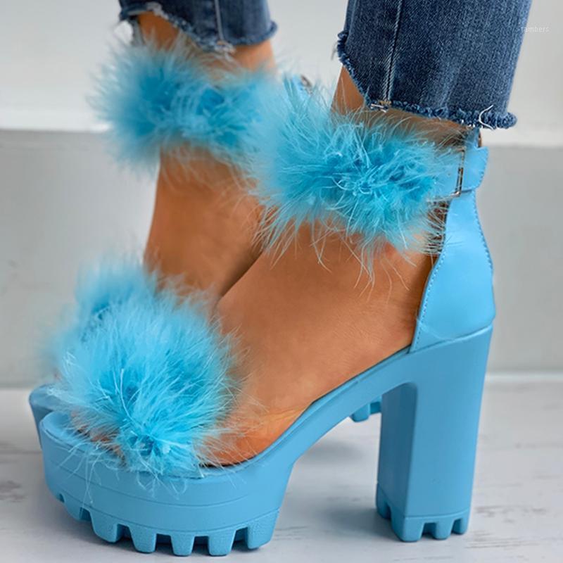 

Party Ladies Block-heeled Platform Sandal Plain Fluffy Ankle Strap Chunky Heels1, Blue