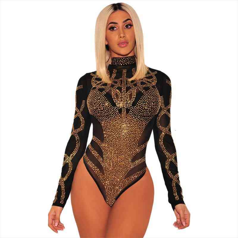 

turtleneck rhinestone mesh bodysuit women jumpsuit party body sequin bodysuit leotard khaki black, Black;white