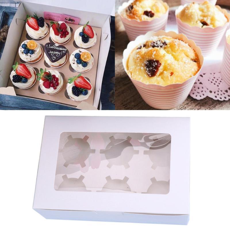 

10pcs Cupcake Box Paperboard Packaging Container Display Clear Window Storage Muffin Dessert Birthday 2 4 6 Holes Wedding Party1