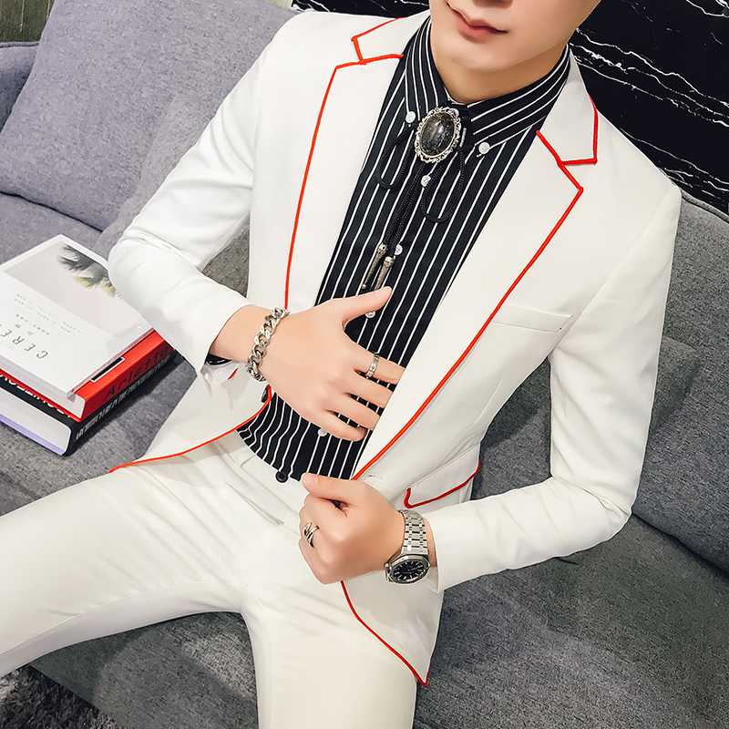 

TPSAADE 2 Pieces Customized fashion slim men's white suit contrast red lapel dress wedding dress party (jacket +Trousers )238, Black