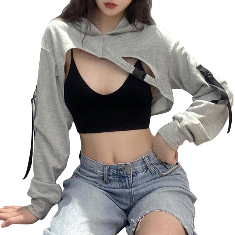 

2021 Autumn Female Fashion Long Sleeve Hollow Out Gray Cropped Hoodies Top Women Sexy Irregular Sweatshirt Tops New -L, As photo show