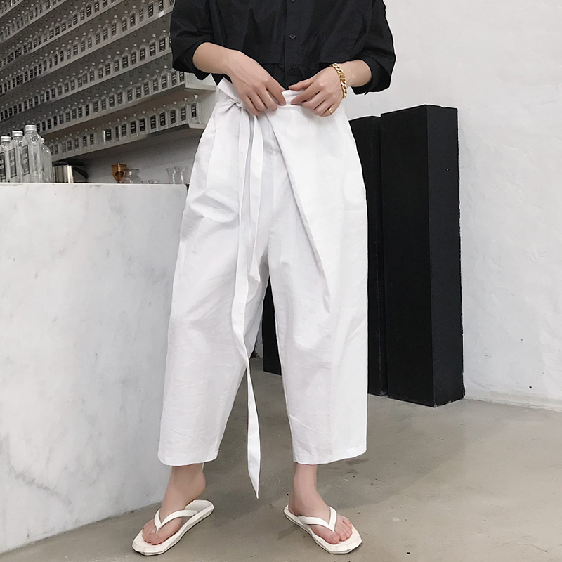 

2021 Summer New Front Style Slanted Girdle Cotton Design Linen Eighth Male Haren Pants Straight 1639, White
