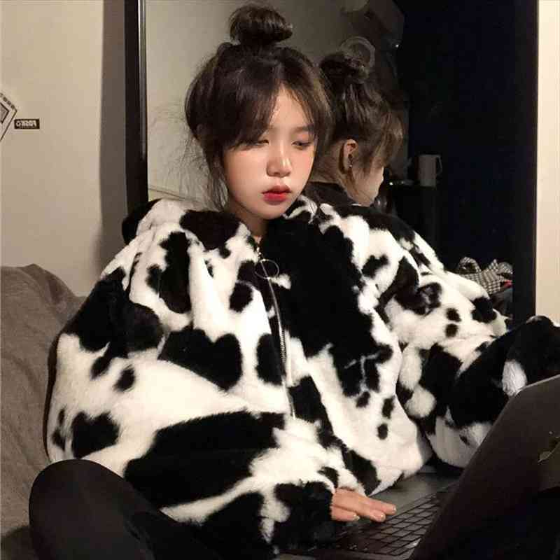 

hoodies women winter furry cows pattern hooded coat womens loose cotton-padded coat hoodies, Black