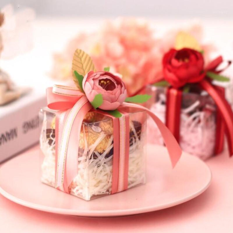 

10pcs 7x7x7cm DIY 0.6cm/2cm ribbons flower four colors wedding transparent box candy box creative packaging chocolate candy1