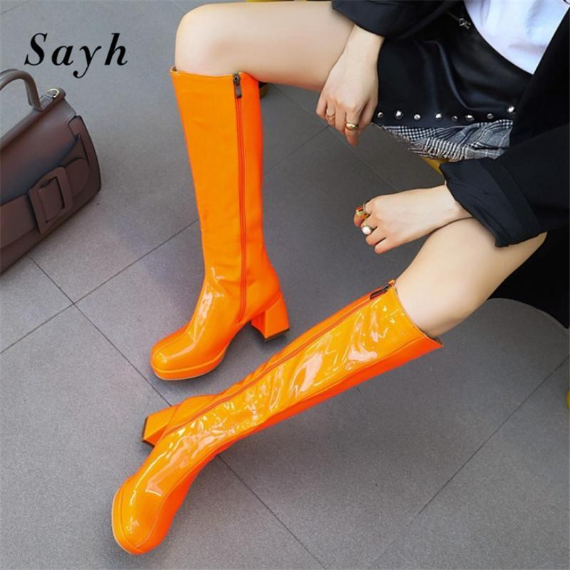 

2020 Fashion Winter Woman Patent Leather Boots Shoes Punk Rock Platform Knee High Boots Women Rome High Heels Outdoor Shoes1, White