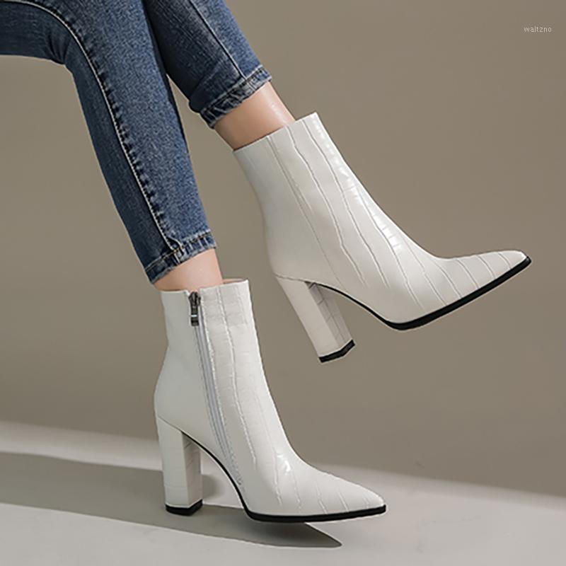 

Pointed Toe Block Faux Leather Ankle Boots Woman Fashion Sexy High Heel Short Boots Women White Black Short 2020 Winter1, Black e