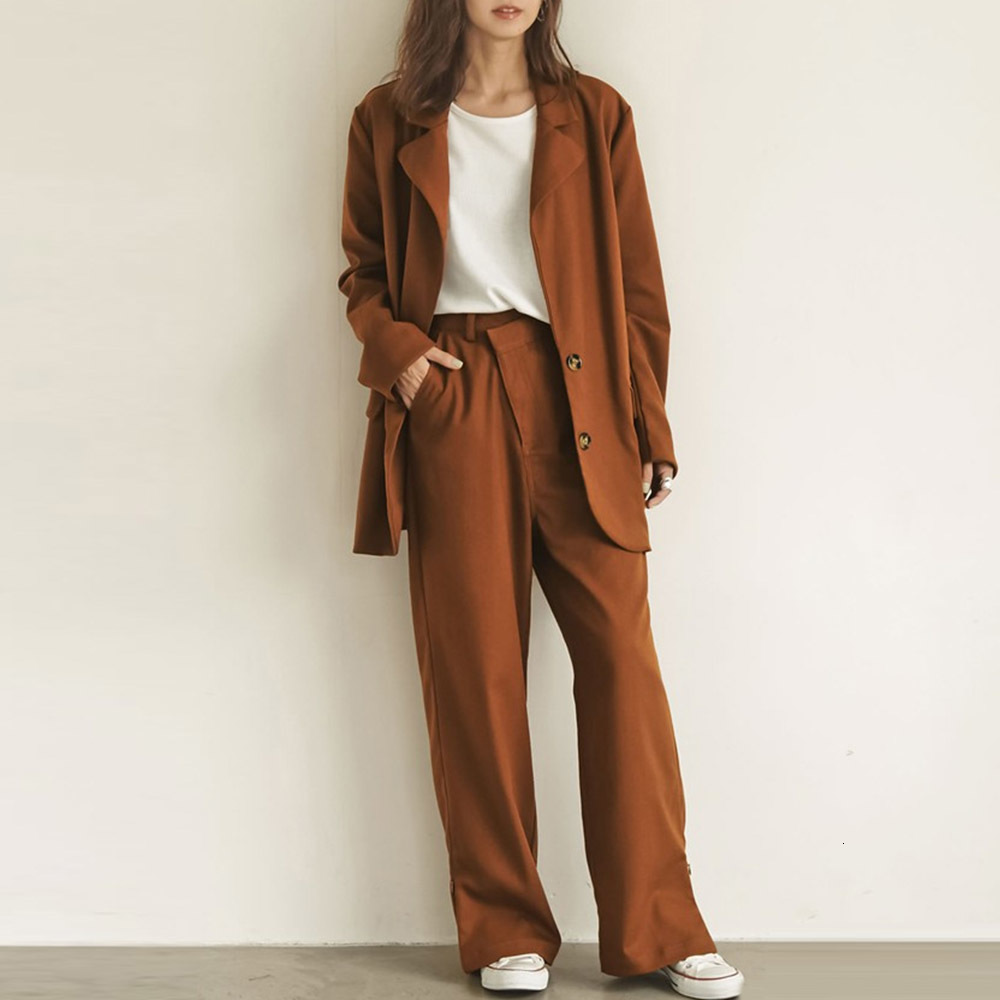 

2021 New Women Piece Sets Autumn Fashion Sleeve Coat Wide Legs Long Pants Office Lady Causal Korean Tops Trousers Suits IER5, Brown