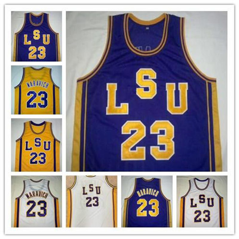 

NCAA #23 Pete Maravich LSU Tigers Vintage Jerseys Purple White Yellow Retro College Basketball Stitched Men Kids Adult Youth size S-4XL, Black;red