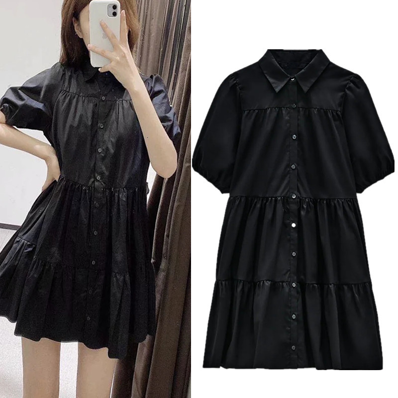

2021 New Women Short Puff Sleeve Black Flounce Dress Fashion Lapel Collar Elastic Trim Ruffle Hem Button-up Pleated Dresses Mw8p