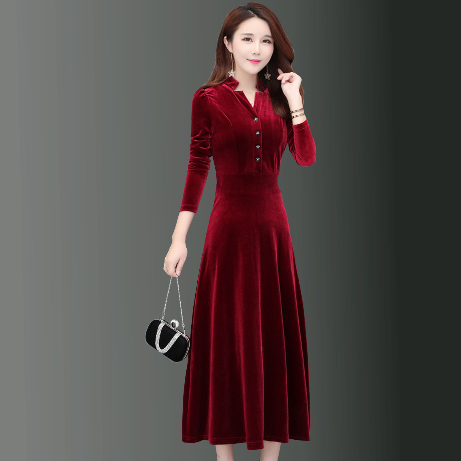 

2021 New Elegant Gorgeous Veet Fabric Autumn Winter Streetwear Long Sleeve Party Women Robe Femme Casual Es Atu7, Black