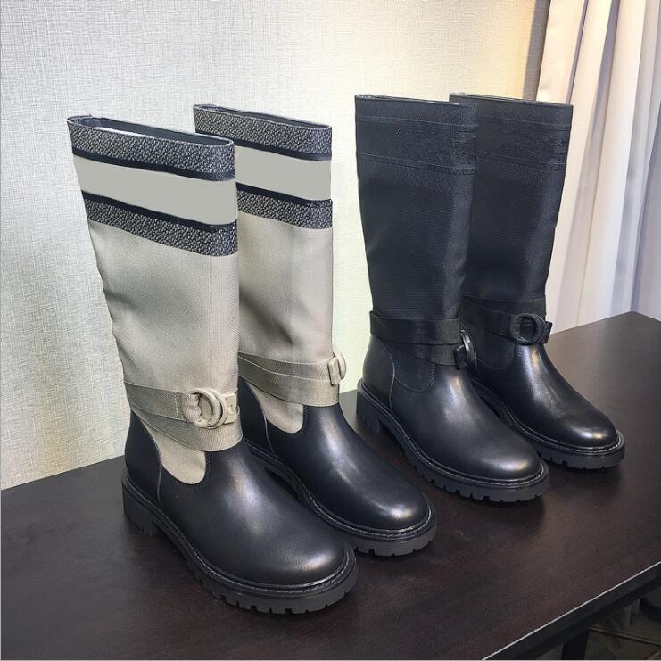 

Hot Sale-New Cowhide Stitching Flying Knit Socks Shoes Women Platform Martin Ankle Boot Mid-tube Knight Boots, D-beige long boots