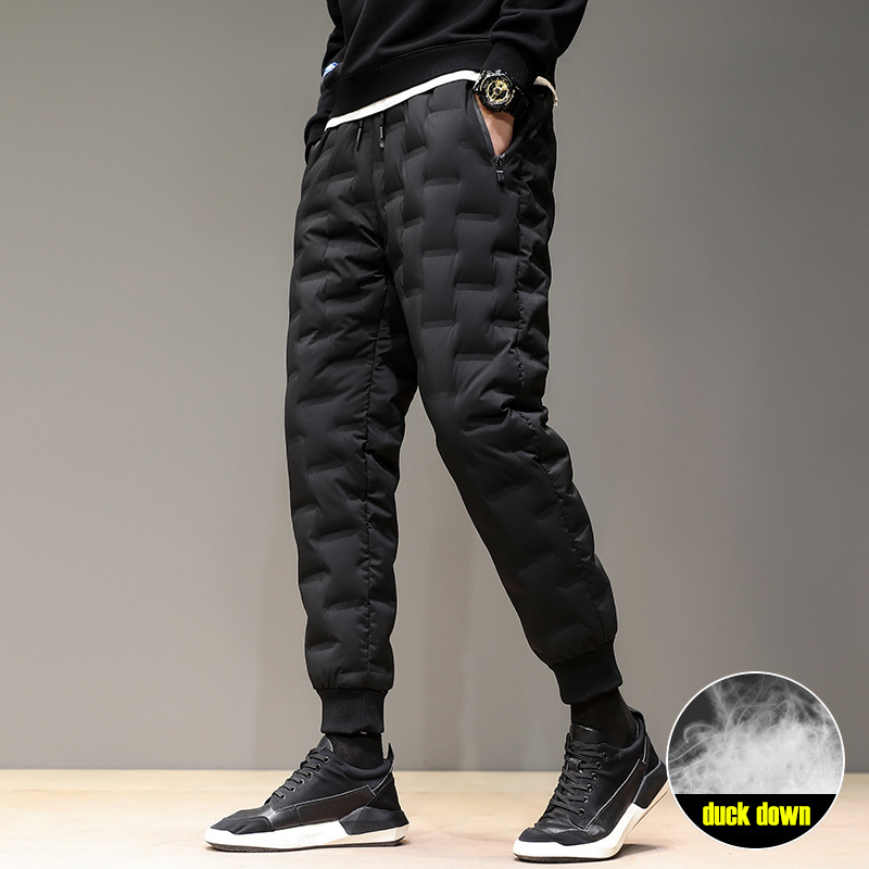 

Winter Outdoor Down Pants Man Thick Windproof Warm 80% White Duck Down Hiking Pants Elastic Waist Scratchproof Camping Trousers, Black