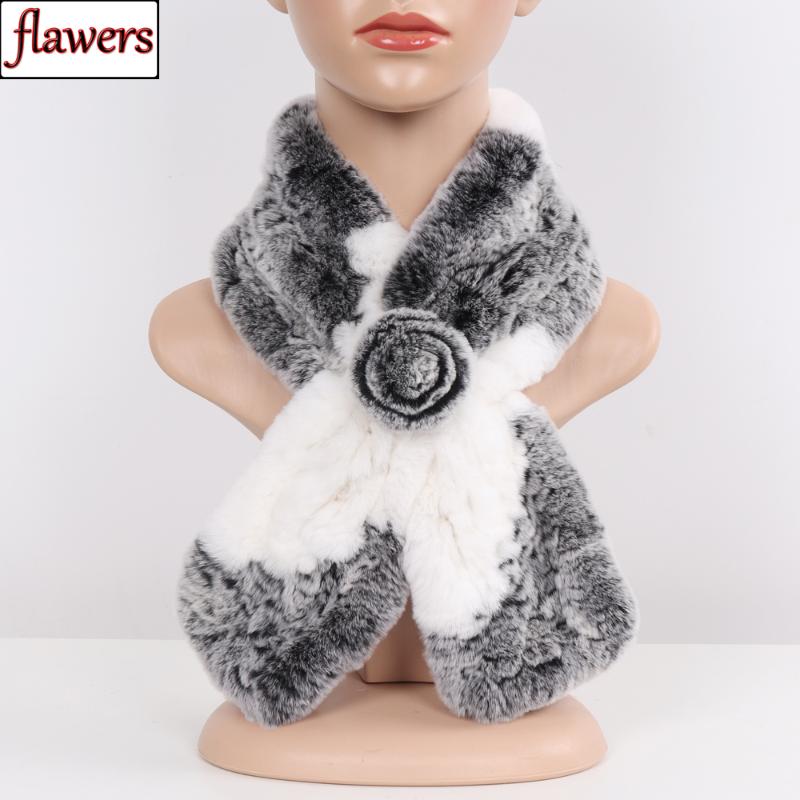 

New Russian Women Knit Real Rex Fur Scarf Lady Fashion Floral Rex Fur Mufflers Hot Winter Warm Natural Scarves