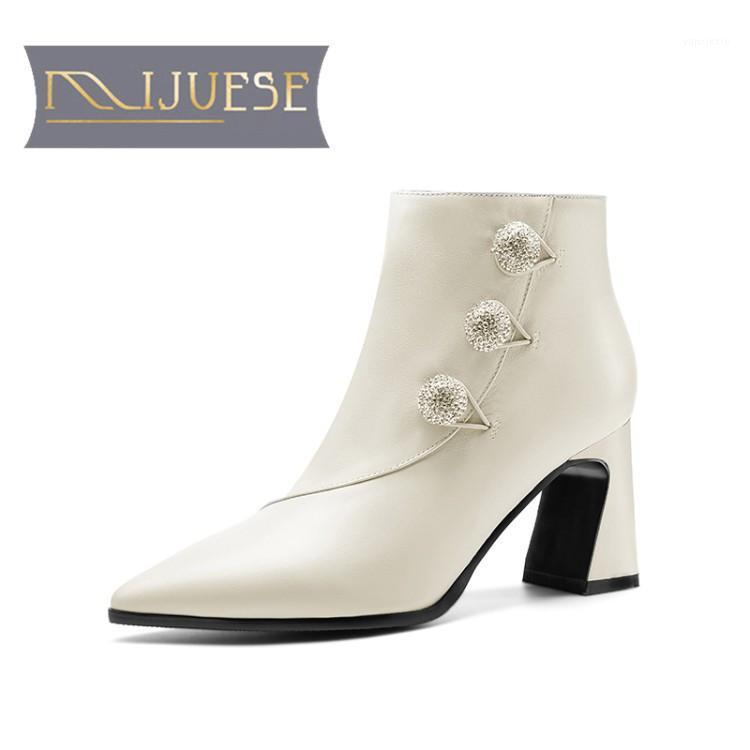 

MLJUESE 2021 women Ankle boots Cow leather Winter short plush Pointed Toe Crystal High heels female boots size 391, Beige