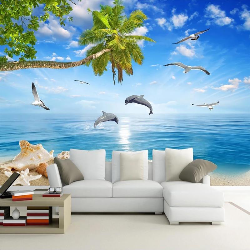 

Custom Mediterranean Mural Summer Seascape Dolphin Coconut Tree Landscape Poster Living Room TV Background Photo Wall Paper 3D, As pic