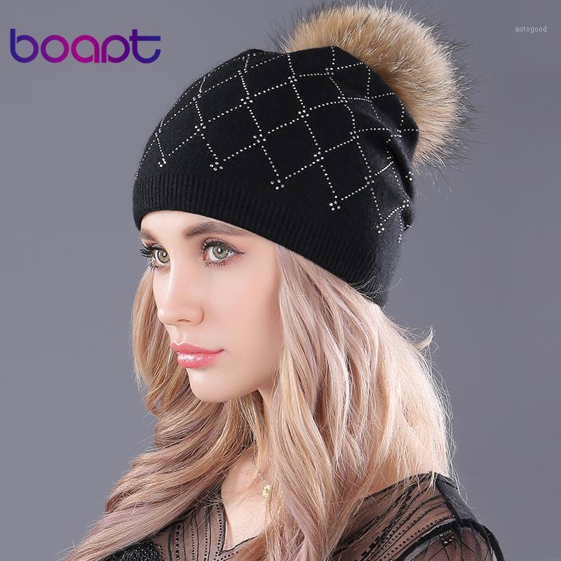

[boapt] rhinestones soft wool knitting caps raccoon fur fluffy pompon casual female winter skullies beanies hat for women's hats1, 3e901 red wine