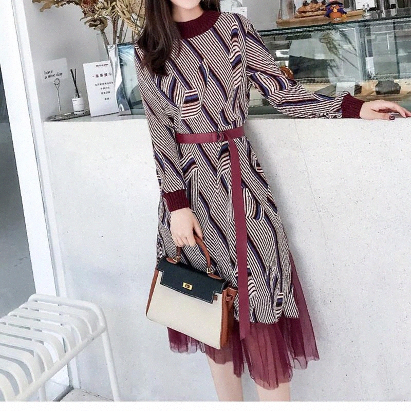 

2020 autumn new dress striped chiffon pleated skirt pleated lace bottoming skirt waist slimming long high-end temperament #ls9n, Black;gray