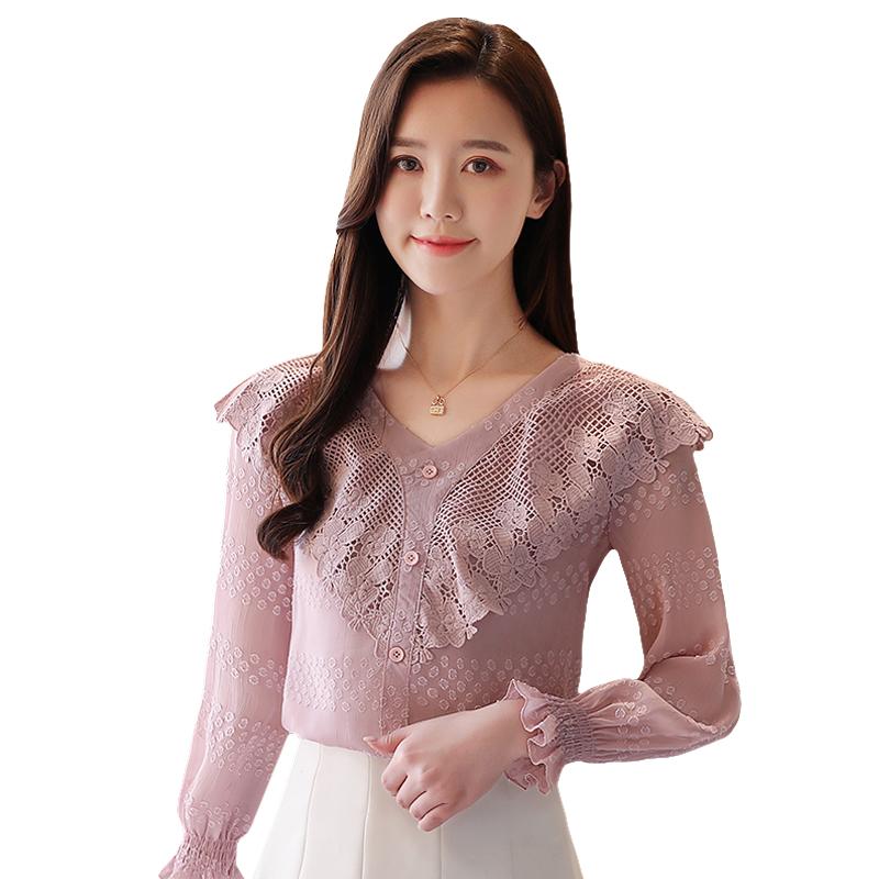 

Spring Autumn Korean Fashion Style Women Long Puff Sleeve Button Down Elegant Work Shirt V-Neck Chiffon Lace Blouse Top Workwear, Pink