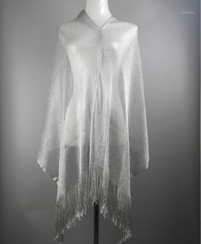 

Scarves 2021 Spring Rock Style Silver Metallic Shiny Fishnet Poncho Scarf Shawl Women Sexy Summer Gold Sequin Fringe Poncho1
