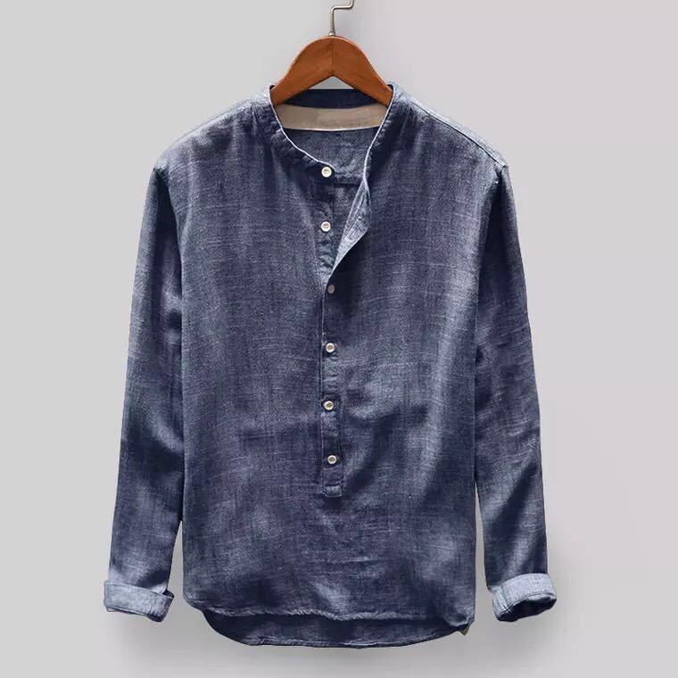 

Spring autumn casual fashion men's long-sleeved shirt solid color cotton linen stand collar breathable comfortable male blouse, 03