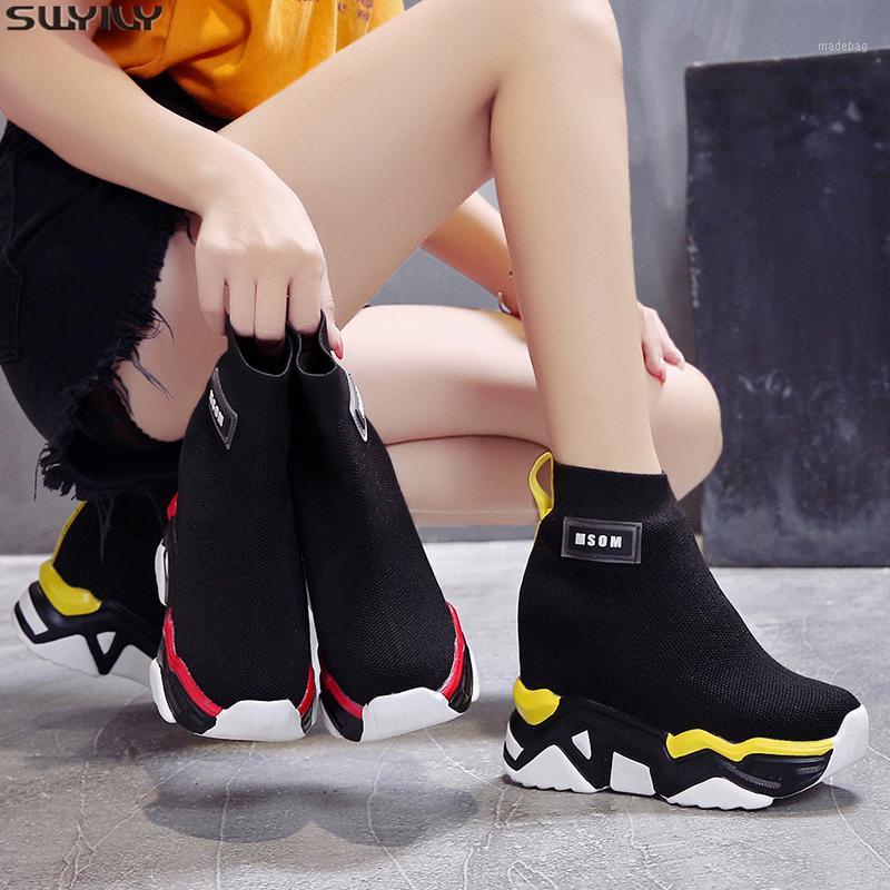 

SWYIVY Mesh Wedge Shoes Woman Platform Boots Ladies New Solid 2020 Autumn Slip On Ankle Boots For Women Round Toe Female Shoes1, Red