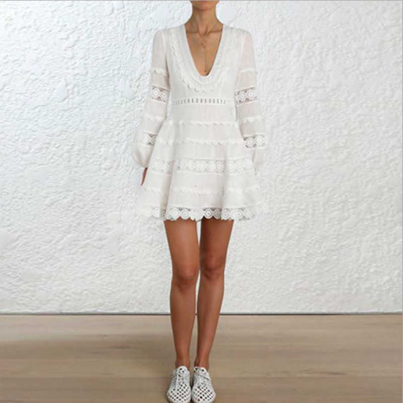 

New Europe Fashion Sexy Women's Autumn with Decont on v Lace Ruffles Lantern Out Female Dressed in Party Dress Wo31, White